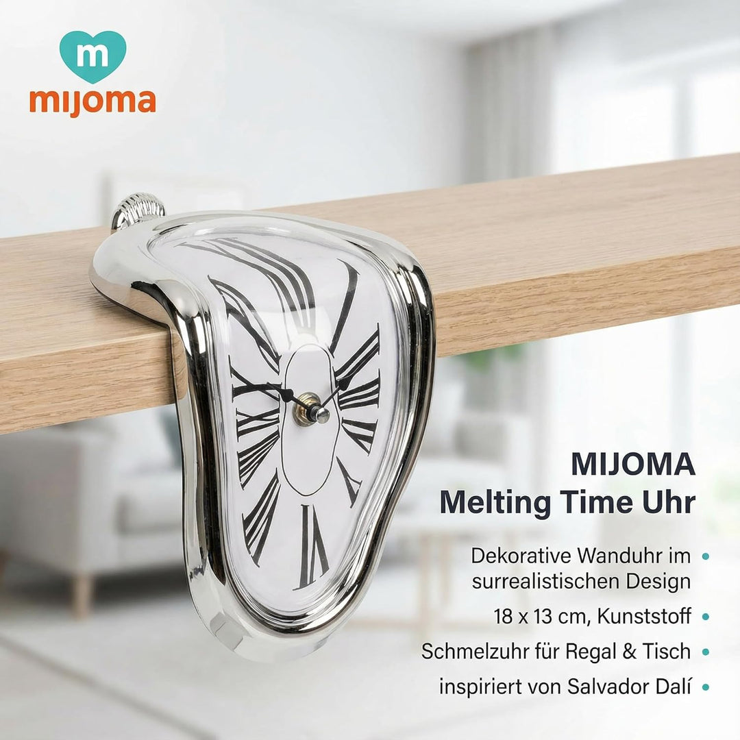 MIJOMA Melting Time Uhr – Dekorative Wanduhr im surrealistischen Design, 18 x 13 cm, Kunststoff, Sch