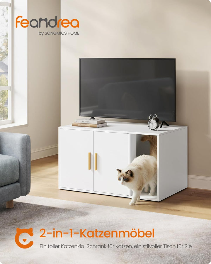 Feandrea Katzenhaus, Katzenklo-Schrank mit herausnehmbarer Trennwand, Tisch, 80 x 50 x 45 cm, weiss