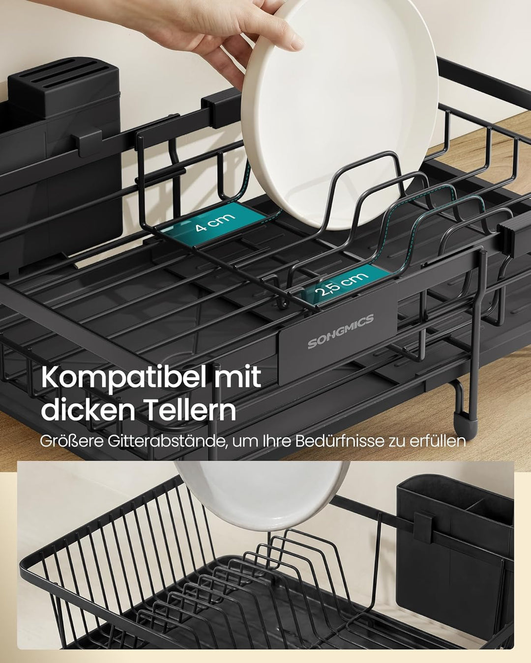 SONGMICS Abtropfgestell Geschirr, für kleine Räume, Geschirr-Abtropfständer ausziehbar, 360° drehbar