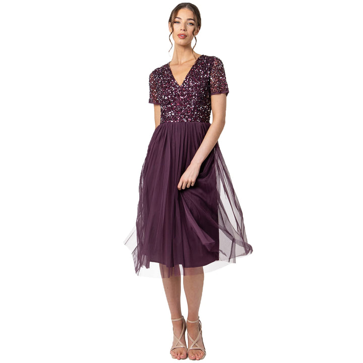 Maya Deluxe Damen Midi-Kleid mit V-Ausschnitt, Verziert Brautjungfernkleid Beere 36, Beere 36