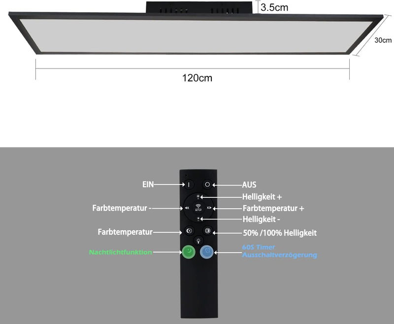 CBJKTX LED Panel Schwarz Deckenleuchte Dimmbar - 120x30CM Deckenlampe Flach Büro mit Fernbedienung W