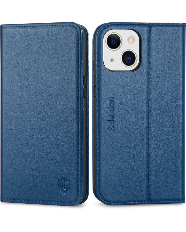 SHIELDON Hülle für iPhone 13 Mini, RFID-Sperre Handyhülle [Echtleder] [Stossfest ] [Standfunktion] [