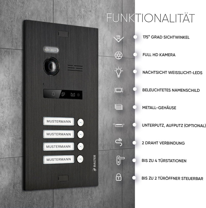 Balter EVO-HD Video Türsprechanlage, Video Türklingel mit Kamera, 4 familienhaus Klingel, Smartphone