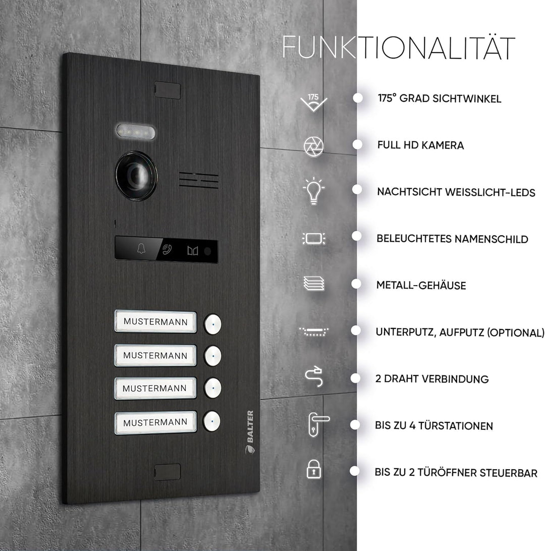 Balter EVO-HD Video Türsprechanlage, Video Türklingel mit Kamera, 4 familienhaus Klingel, 4 x 7 Zoll