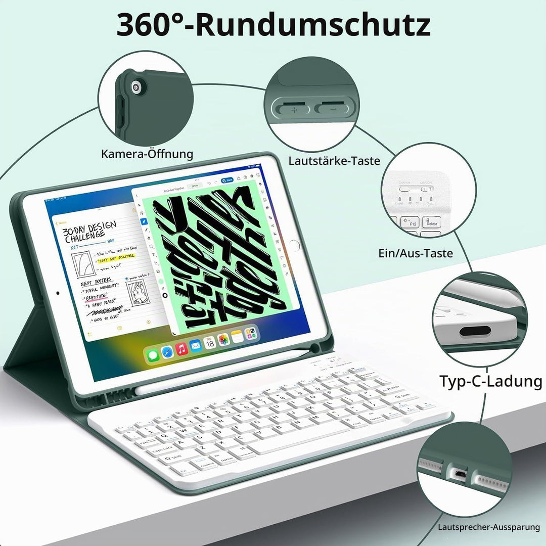 JKSML Tastatur Hülle für iPad 9./ 8./ 7. Generation (2021/2020/ 2019) mit Pencil Halter, Soft TPU Rü