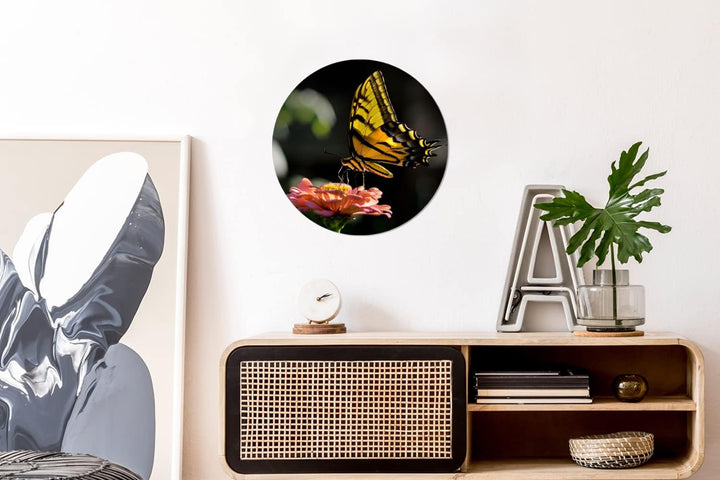 MuchoWow Wandbild Rund Wanddeko Deko Wohnzimmer Bilder 30x30 cm Schmetterling - Botanisch - Blume, 3