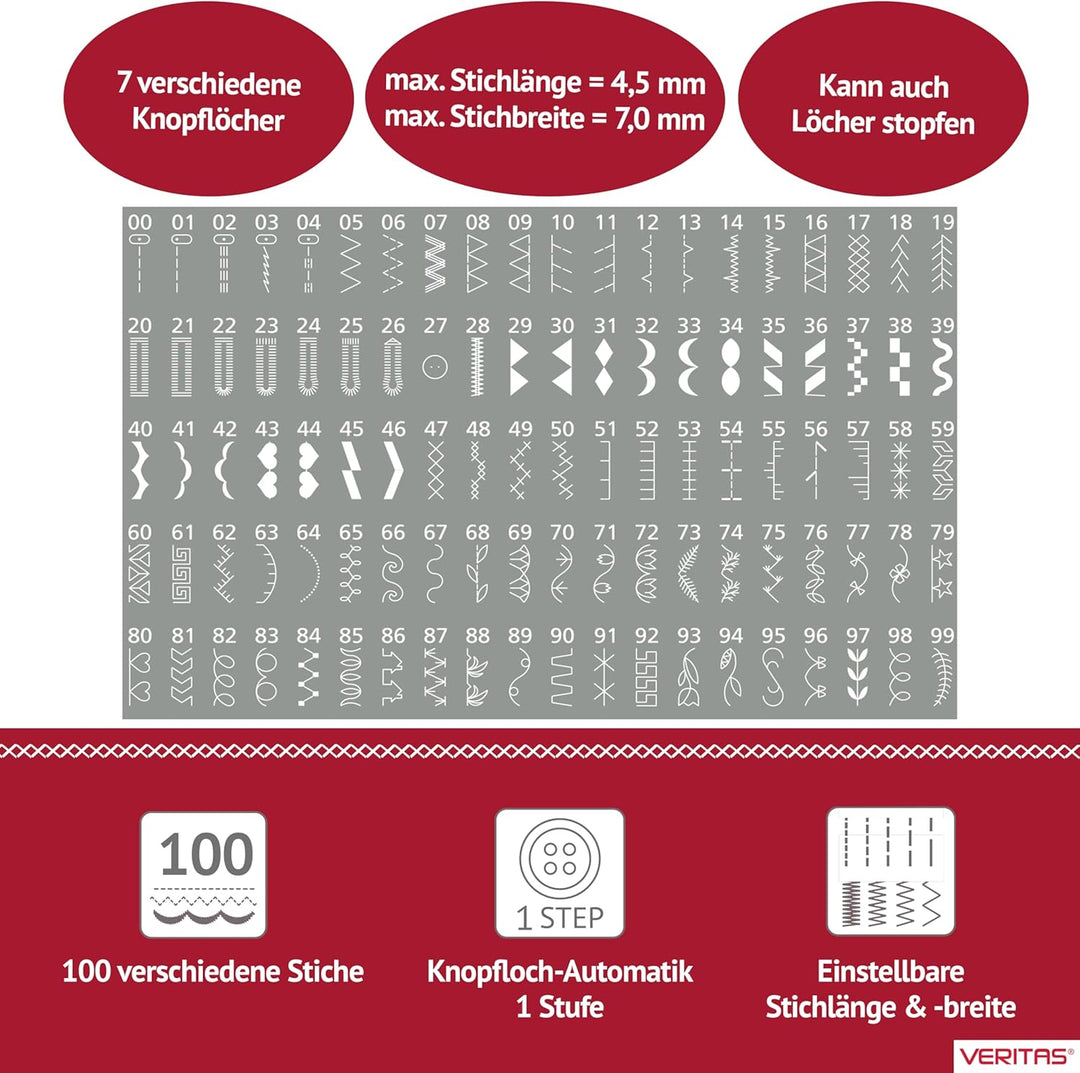 VERITAS Nähmaschine Rubina I Digitale Computer-Nähmaschine I 100 Stichprogramme I Auto-Fadenspannung