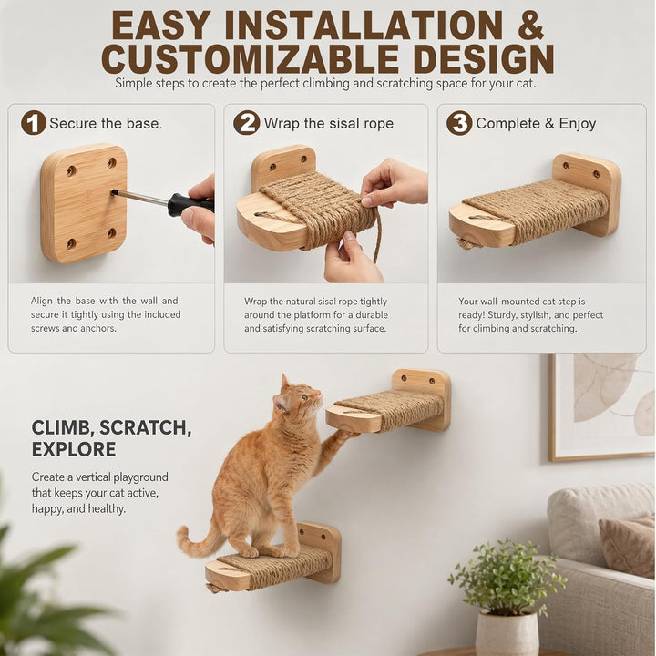 Katzentreppe Wand 2 Stück, Kletterwand Katzen, Katzenbretter mit Juteseil zum Kratzen, Katzentreppe