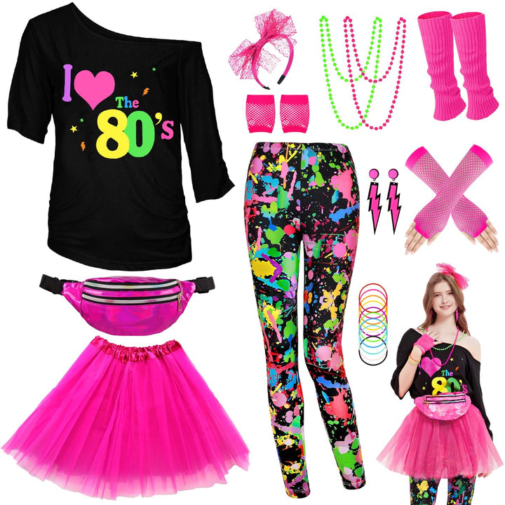 80er 90er Jahre Outfit Leggings Bunte Damen, Neon Kleidung Bauchtasche TuTu Stirnband Ohrring Halske