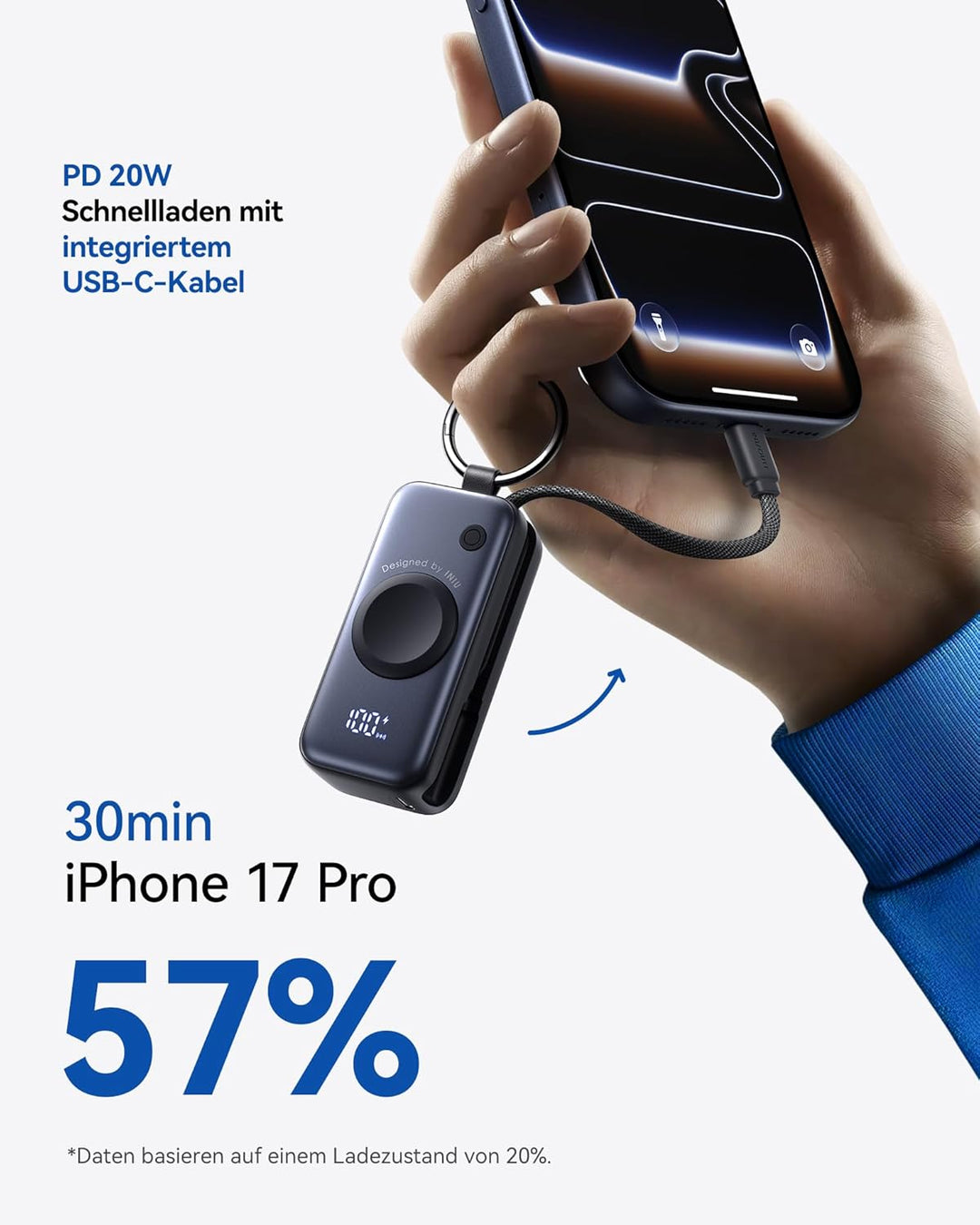 INIU Power Bank, 5000mAh 20W PD mini Powerbank mit Integriertes USB-C Kabel, Zubehör für Apple Watch