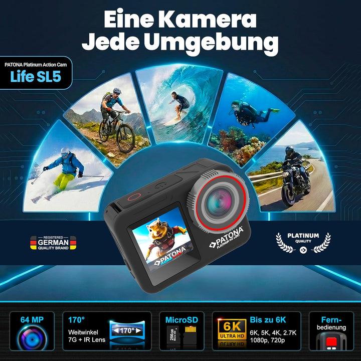 PATONA Action Cam Life SL5 | 6K 90fps 64MP EIS | 170° Weitwinkel Videokamera | Dual Screen Kamera |