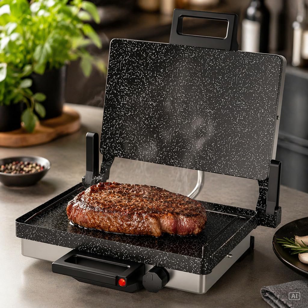 Roland Germany Multigrill, 2000W Elektro-Kontaktgrill, Schwarz, 340x220mm Grillplatten, 5-Stufen Tem