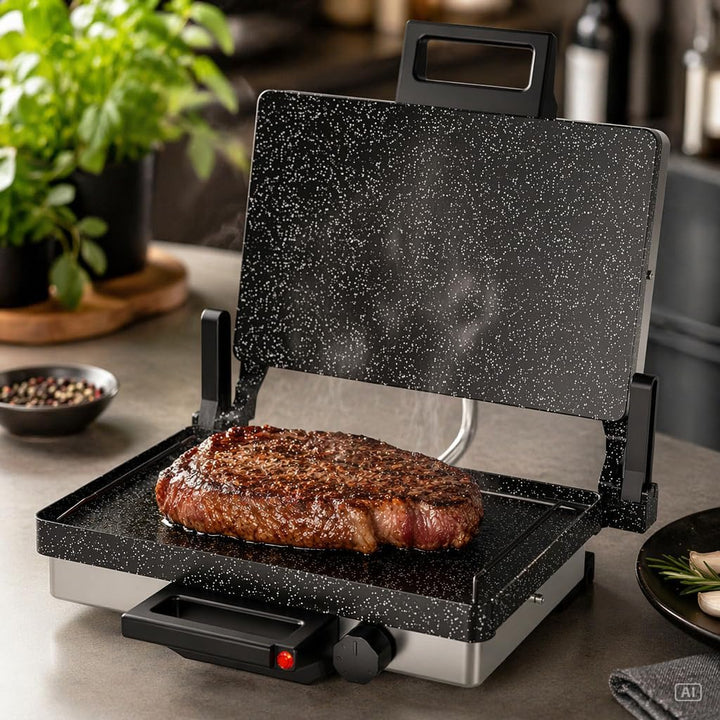 Roland Germany Multigrill, 2000W Elektro-Kontaktgrill, Schwarz, 340x220mm Grillplatten, 5-Stufen Tem