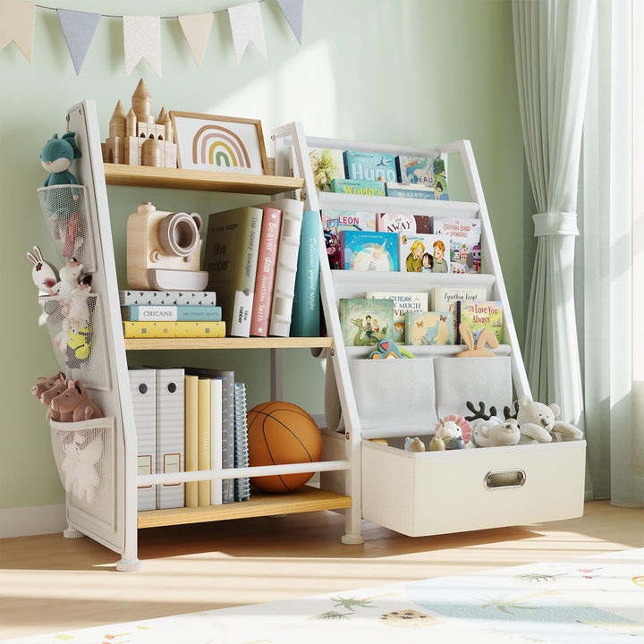 GoTiling Kinder Bücherregal Kinderzimmer Spielzeugregal: Bücherregal mit 1 Aufbewahrungsboxen und 3