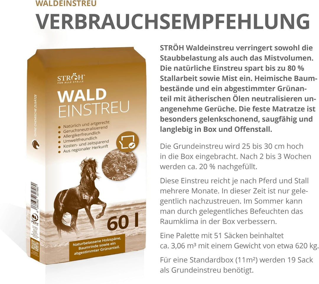 STRÖH Waldeinstreu - Naturbelassene Holzschnitzel - Stall Einstreu - 60L | Staubfrei &amp; geruchsneutra