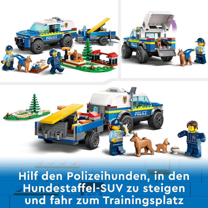 LEGO City Mobiles Polizeihunde-Training, Polizeiauto-Spielzeug mit Anhänger, Hunde- und Welpenfigure