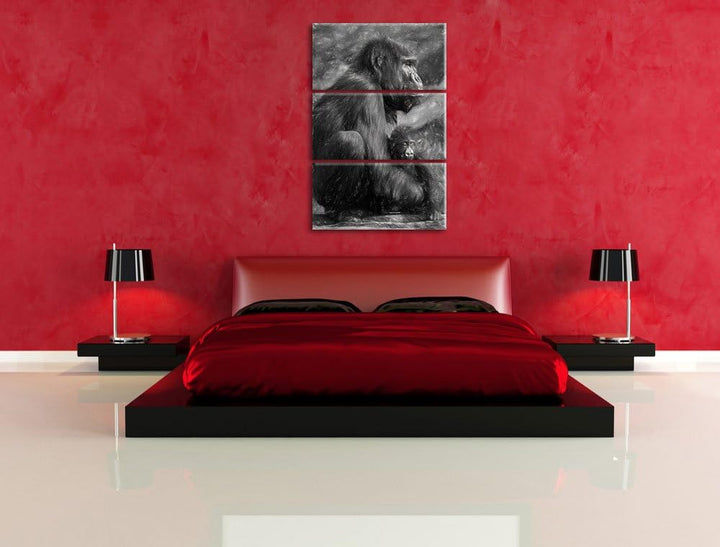 Liebevolle Gorillafamilie NewArt 3-Teiler Leinwandbild 120x80 Bild auf Leinwand, XXL riesige Bilder