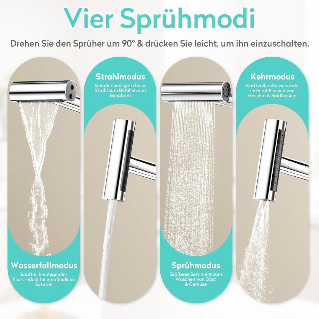KAIYING Wasserhahn Küche Ausziehbar mit Temperaturanzeige (Batterielos), Hochdruck Wasserfall Küchen