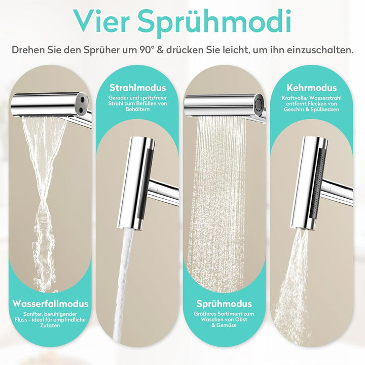 KAIYING Wasserhahn Küche Ausziehbar mit Temperaturanzeige (Batterielos), Hochdruck Wasserfall Küchen