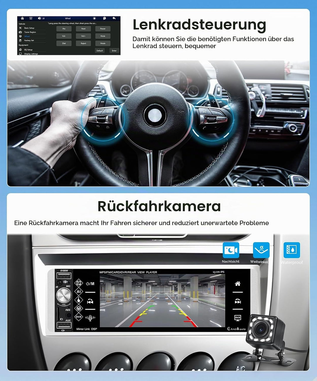 Rimoody Wireless Carplay Autoradio 1 Din, 5,1 Zoll HD Touchscreen Autoradio Single Din mit Knopf Blu