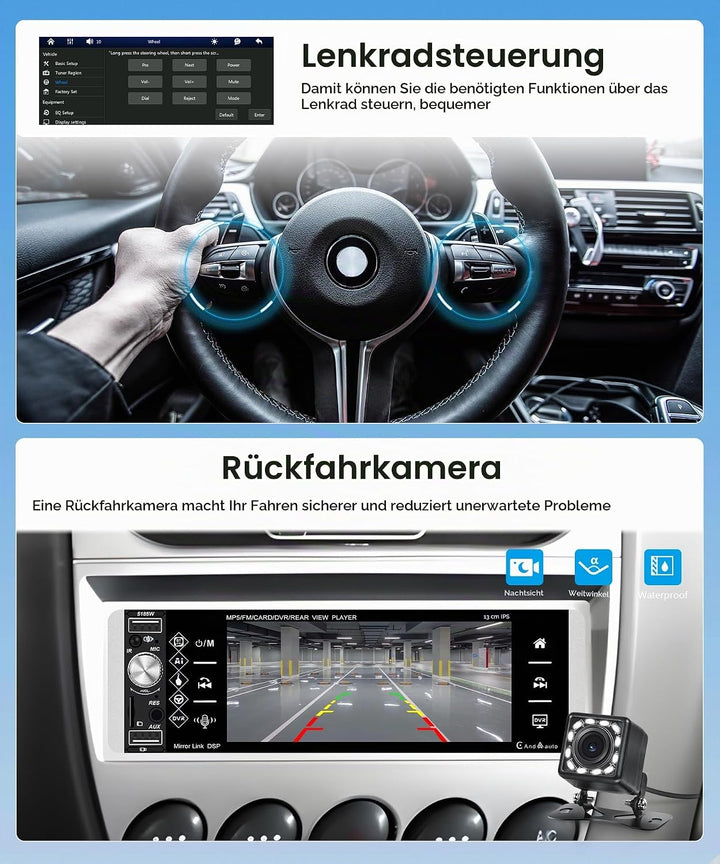 Rimoody Wireless Carplay Autoradio 1 Din, 5,1 Zoll HD Touchscreen Autoradio Single Din mit Knopf Blu