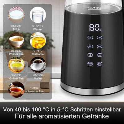 WANNYTON Wasserkocher 1,7 L mit Temperatureinstellung Temperaturwahl (40-100℃), Edelstahl Glas, BPA-