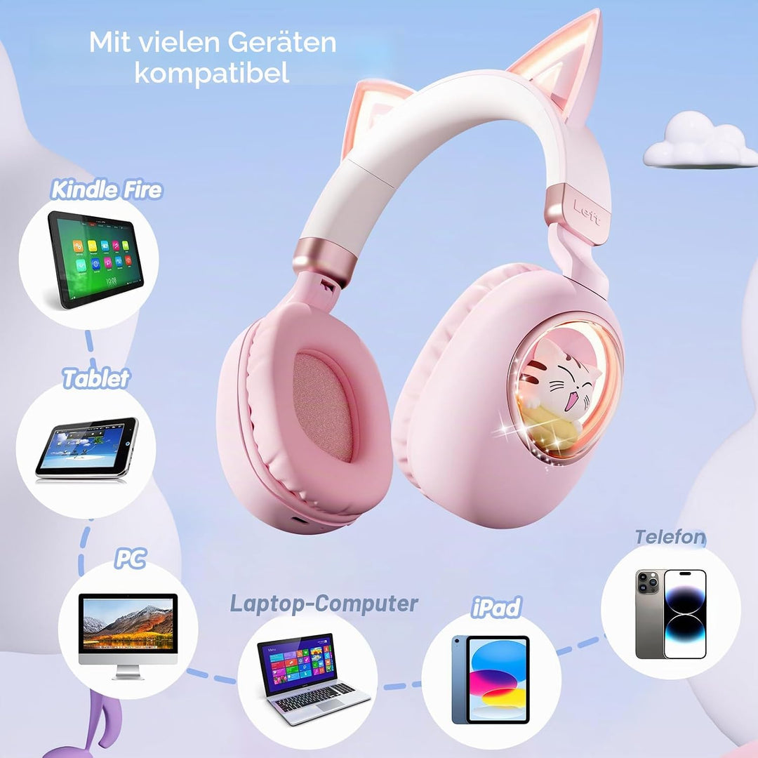 Kinder Kopfhörer mit Katzenohren, Bluetooth 5.4 Over-Ear Noise Cancelling Kopfhörer mit Mikrofon, LE
