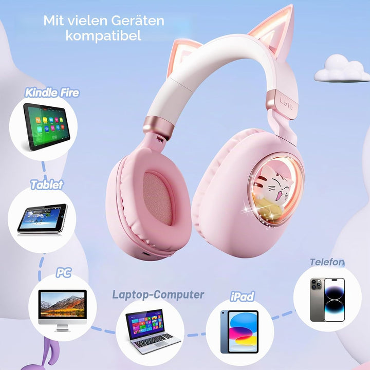 Kinder Kopfhörer mit Katzenohren, Bluetooth 5.4 Over-Ear Noise Cancelling Kopfhörer mit Mikrofon, LE