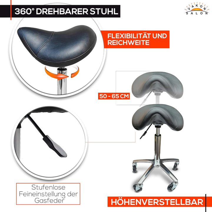 Sattelsitz Rollhocker höhenverstellbar von 50-65 cm auf Premiumrollen, Drehhocker, Rollhocker, Praxi