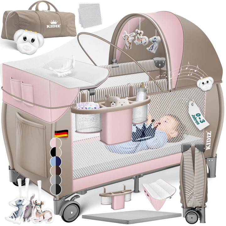 Kidiz® Babybett Reisebett Kinderreisebett klappbar mit Matratze & Räder 120x60, Seiteneingang, Wicke