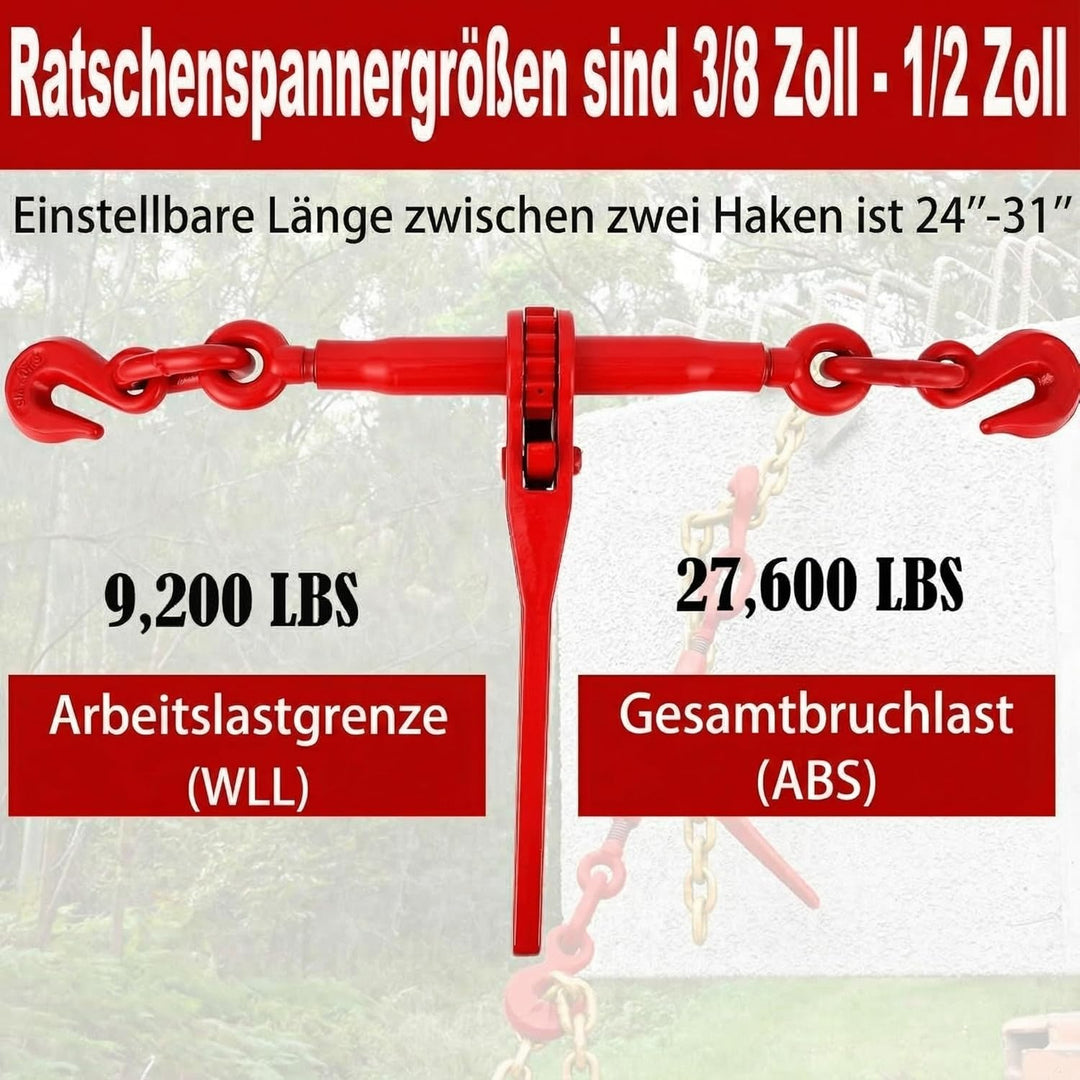 Kettenspanner-Set (3/8"-1/2"), 2 x 3 m (10 Fuss) 3/8"-Ketten und 2 Ratschenspanner,Ratschen-Kettenbi