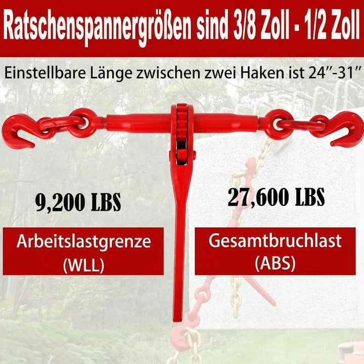 Kettenspanner-Set (3/8"-1/2"), 2 x 3 m (10 Fuss) 3/8"-Ketten und 2 Ratschenspanner,Ratschen-Kettenbi