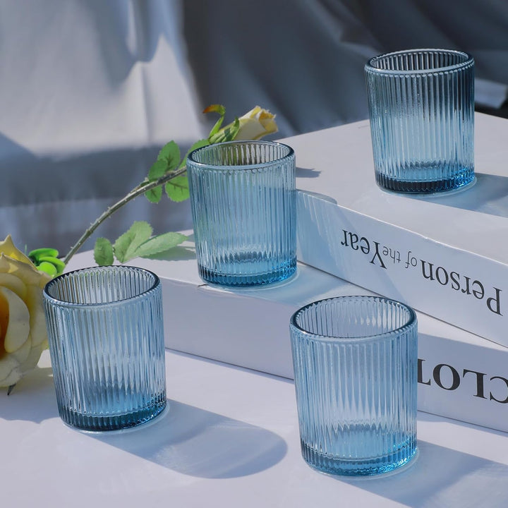 Vohocandle Blaue Teelichthalter12er-Set, Gerippter Teelichtgläser-Kerzenhalter für die Tischdekorati