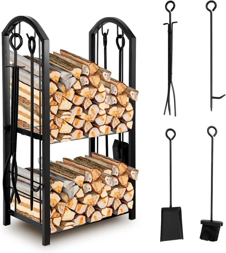 Ansobea 37x33x74cm Kaminholzständer Kaminholzregal 2 Ebenen Feuerholzregal mit 4 Kaminwerkzeug für K