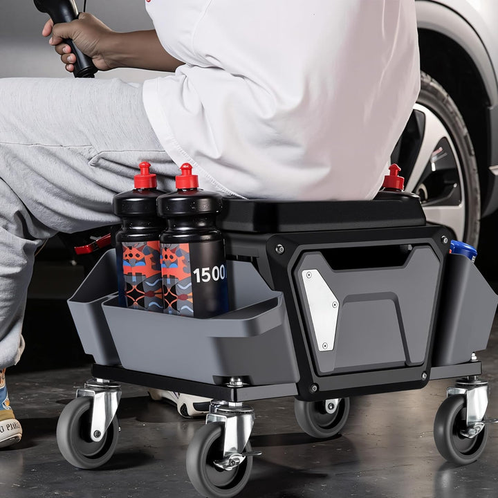 Wiltec Rollsitz 53 x 38 x 38 cm bis 120 kg, Werkstatthocker mit Rollen, Rollhocker mit Werkzeugablag