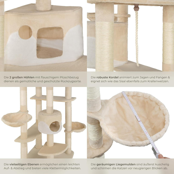 TecTake Katzen Kratzbaum mit XXL Liegemulde | 2 Katzenhäusern | deckenhoch - Diverse Farben - (beige