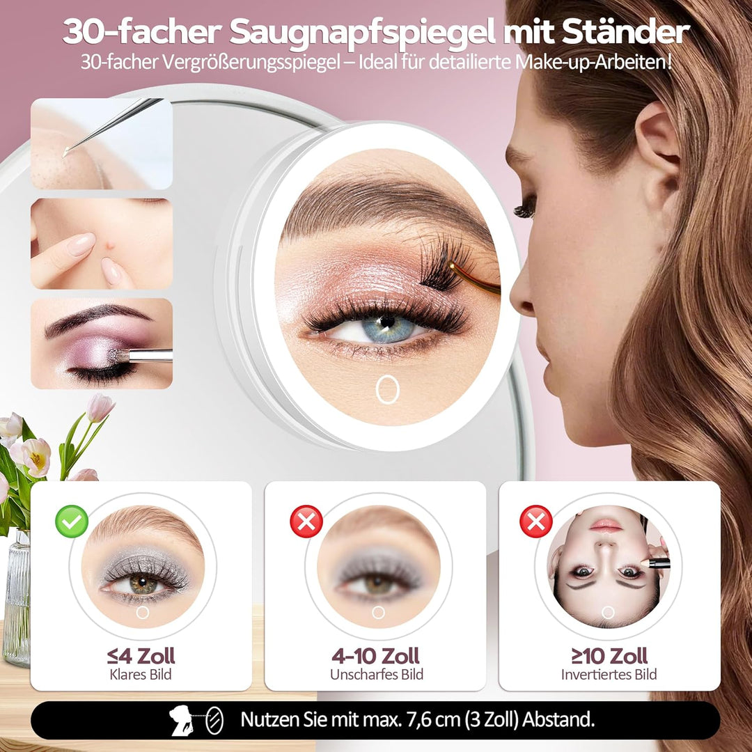 Kosmetikspiegel mit Beleuchtung, 30-Fach Vergrösserungsspiegel mit Saugnapf, 3 Farben beleuchtbar un