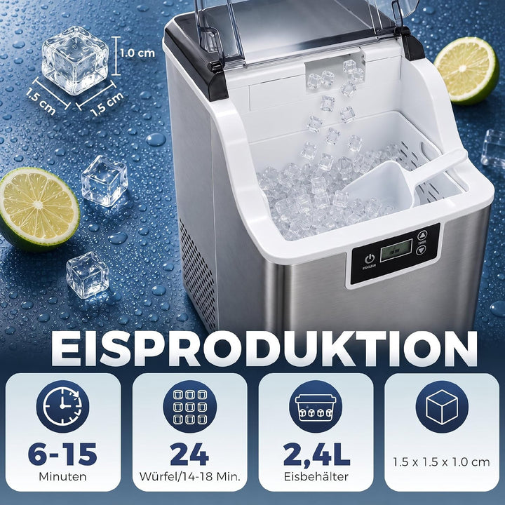 HOMCOM Eiswürfelmaschine Edelstahl, Ice Maker mit 24 Eiswürfeln pro Durchgang, 20kg/24h, 2,1L Wasser
