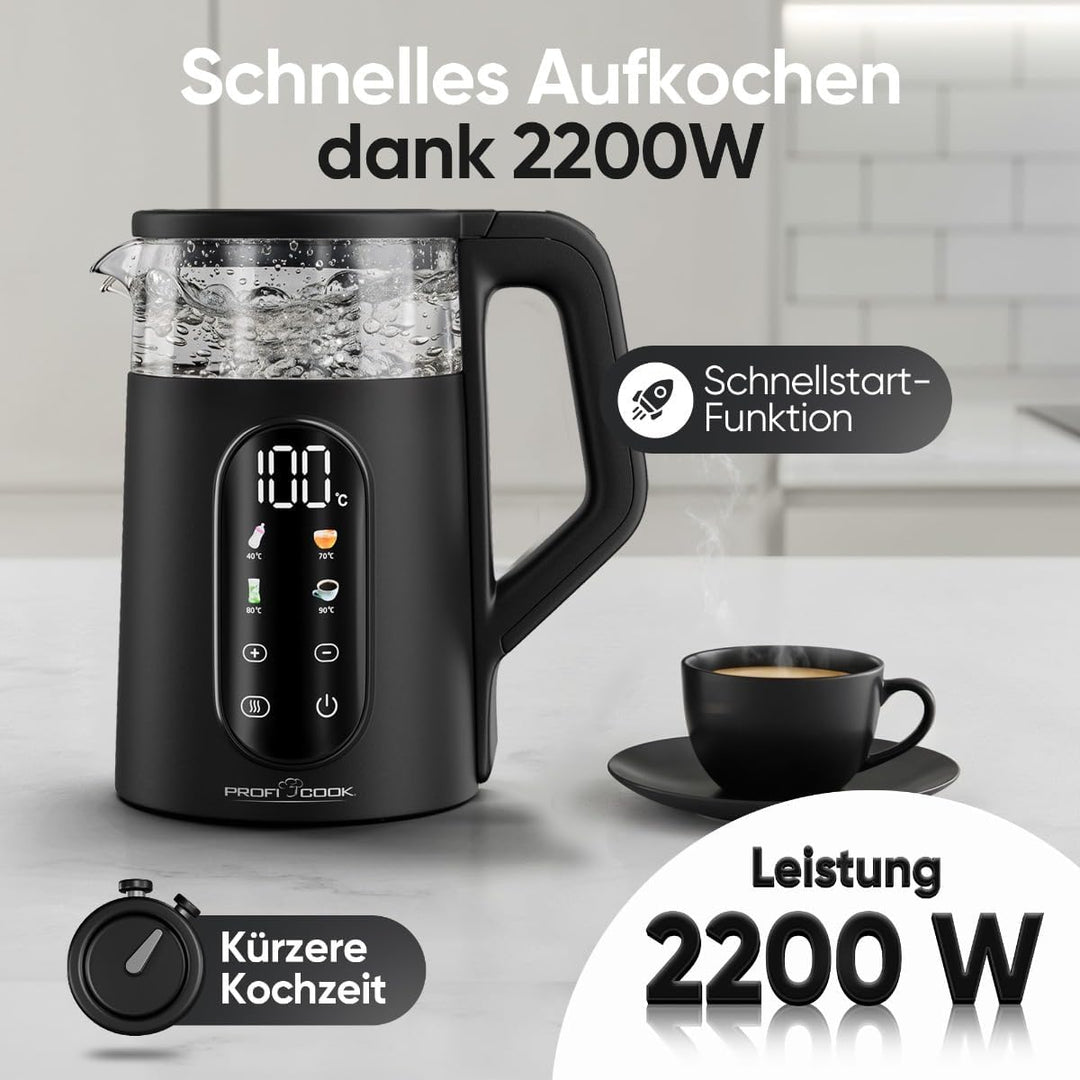 ProfiCook® Wasserkocher mit Temperatureinstellung | 40-100°C | 1,7L | Schnellstartfunktion | 2200W |
