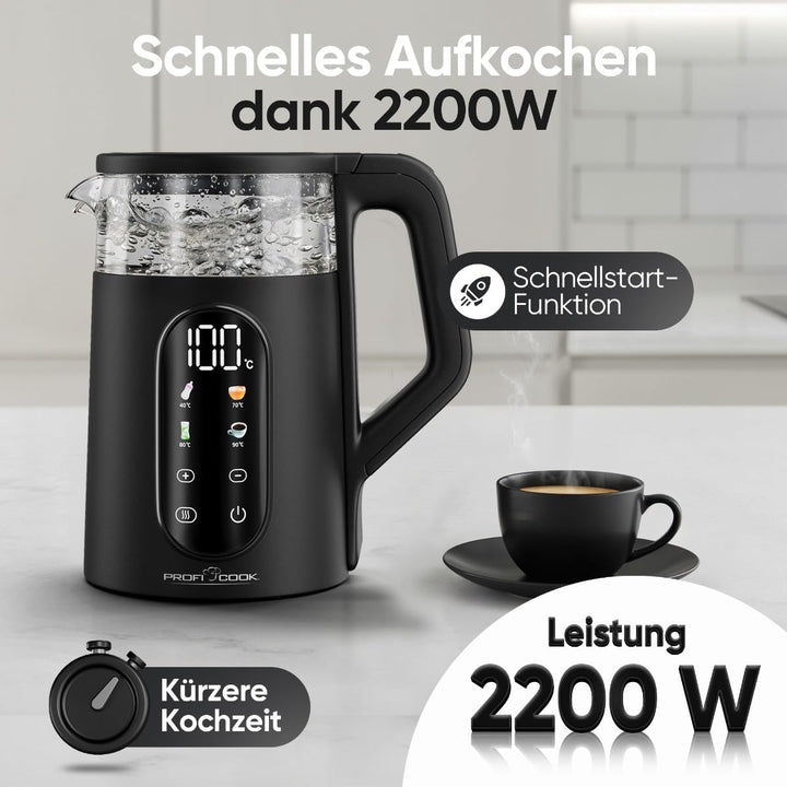 ProfiCook® Wasserkocher mit Temperatureinstellung | 40-100°C | 1,7L | Schnellstartfunktion | 2200W |