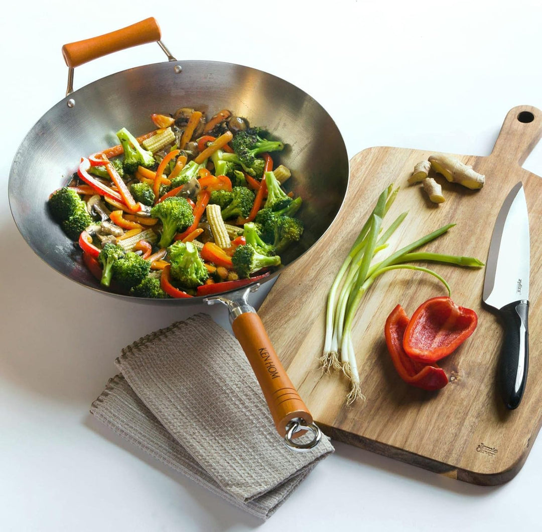 Ken Hom Wok 32 cm 10-tlg. aus unbeschichtetem Karbonstahl mit Gegengriff - induktionsgeeignete Stiel