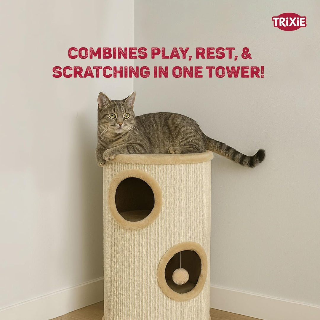 TRIXIE Kratztonne für Katzen Samuel 70 cm in natur/beige – dreistöckige Katzentonne mit gepolsterter