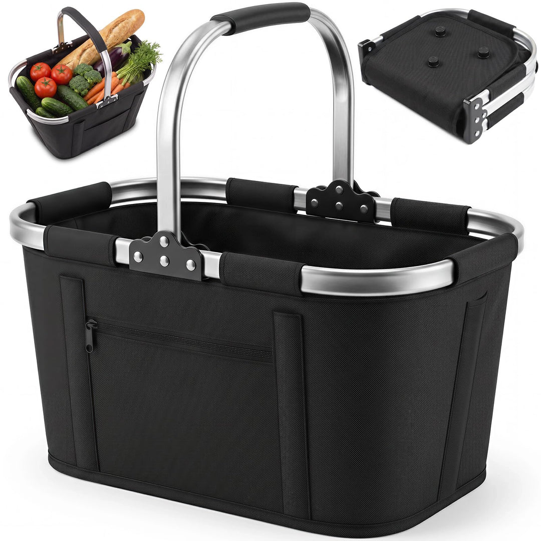Einkaufskorb Faltbar 35L, Tragekorb aus 600D Oxford, 6 Stützstangen