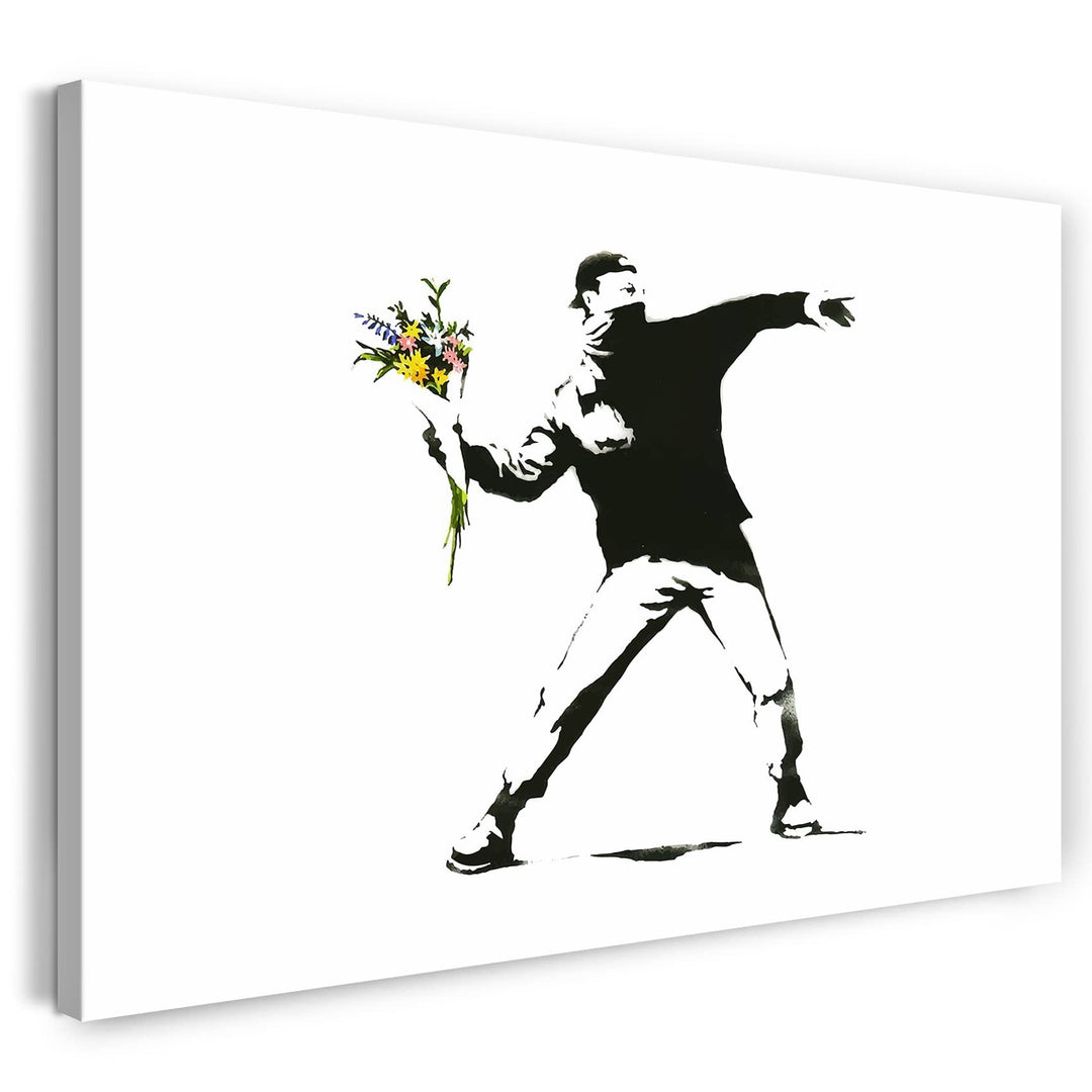 Printed Paintings Leinwand (80x60cm): Banksy - Autonomer wirft mit Blumenstrauss statt Molotow 80x60