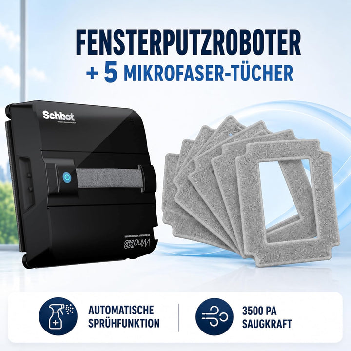 Wind X3 Fensterputzroboter Set mit 5 Mikrofaser-Reinigungstüchern – Elektrischer Fensterreiniger mit