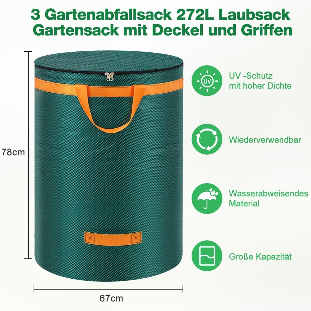 Eurhomewit 3 Gartenabfallsack 272L Laubsack Gartensack mit Deckel und Griffen, Gross Stabile Gartens