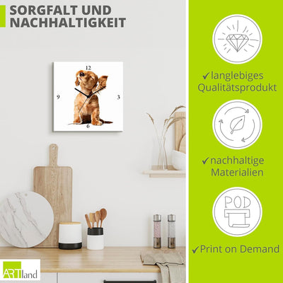 ARTLAND Wanduhr ohne Tickgeräusche Leinwand Quarzuhr 30x30 cm Quadratisch Lautlos Tiere Hund Welpe M