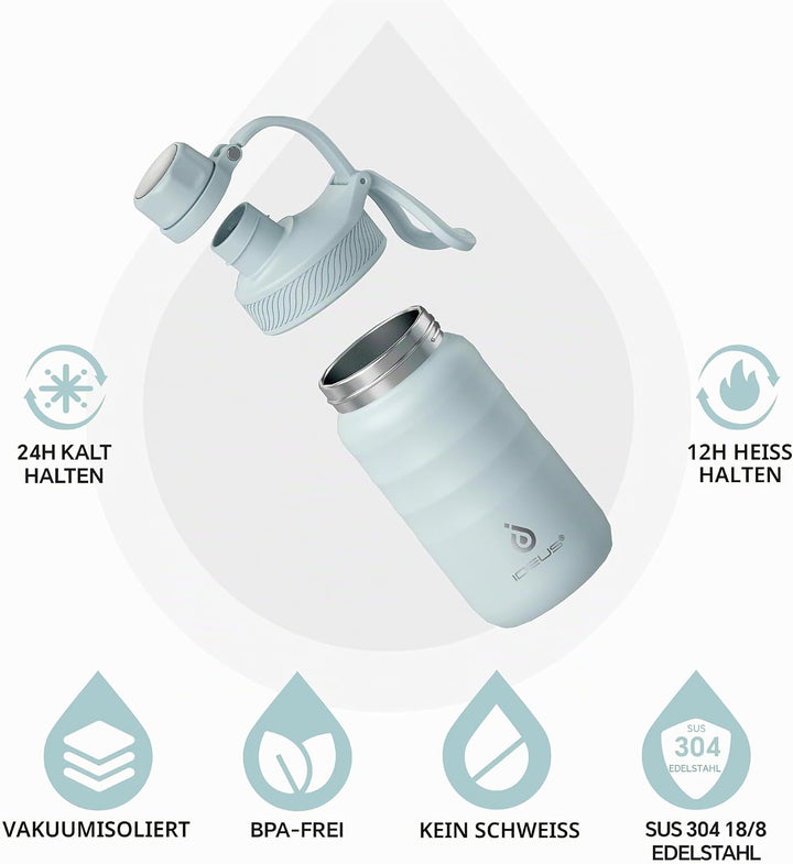 IDEUS Vakuumisolierte Wasserflasche, 12oz (360ml) Edelstahl Doppelwand Flasche Metall Sport Kantine