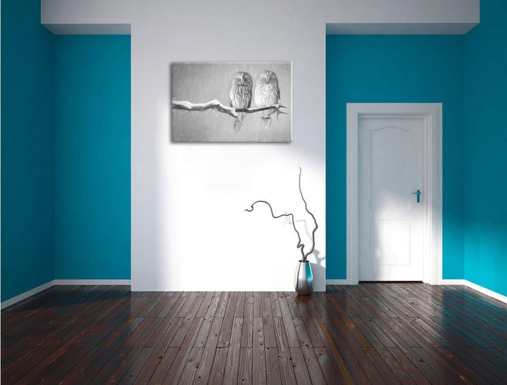 Pixxprint Zwei Eulen in Winterlandschaft Kunst Kohle Effekt, Format: 100x70 auf Leinwand, 100x70