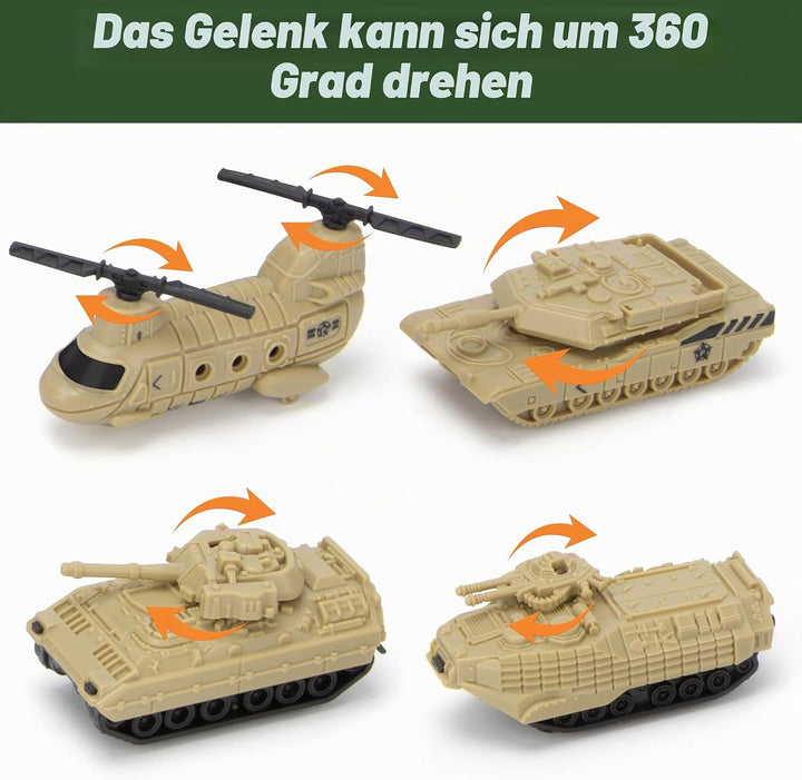 Militär Panzer LKW Spielzeug mit 13 Fahrzeugen, Hubschrauber Kampfjet Spielmatte Soldaten Figuren, G